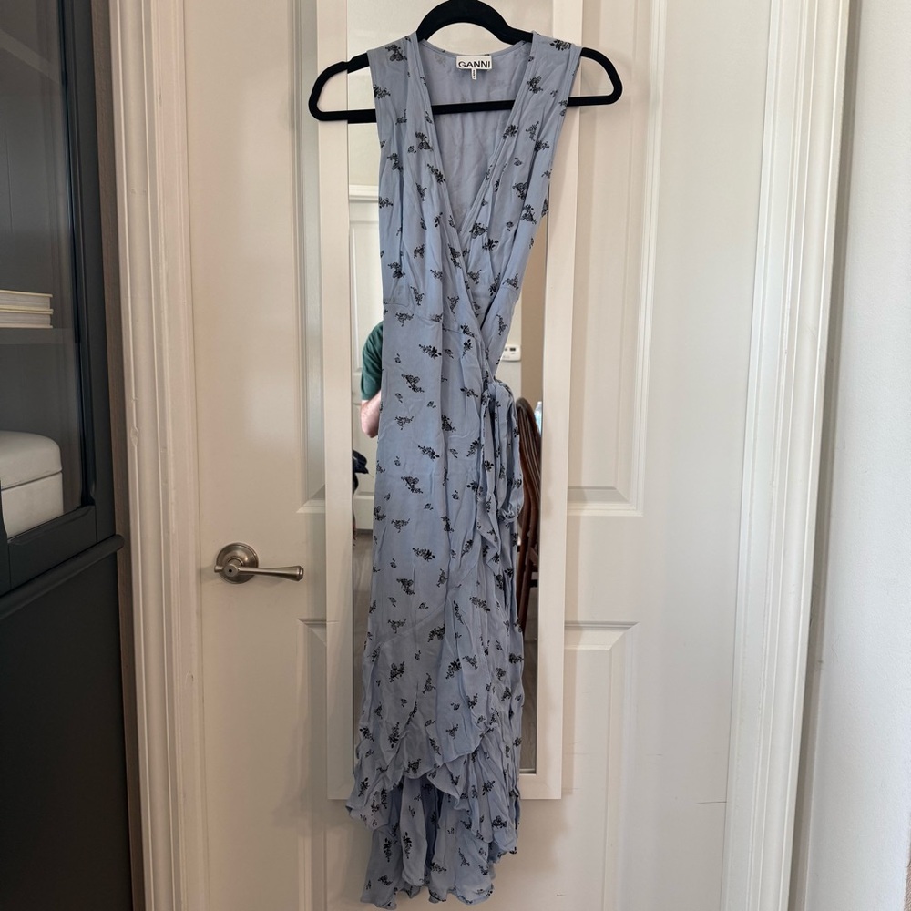 Ganni Light Blue Floral Wrap Maxi Dress Size 36 - Picture 2 of 5